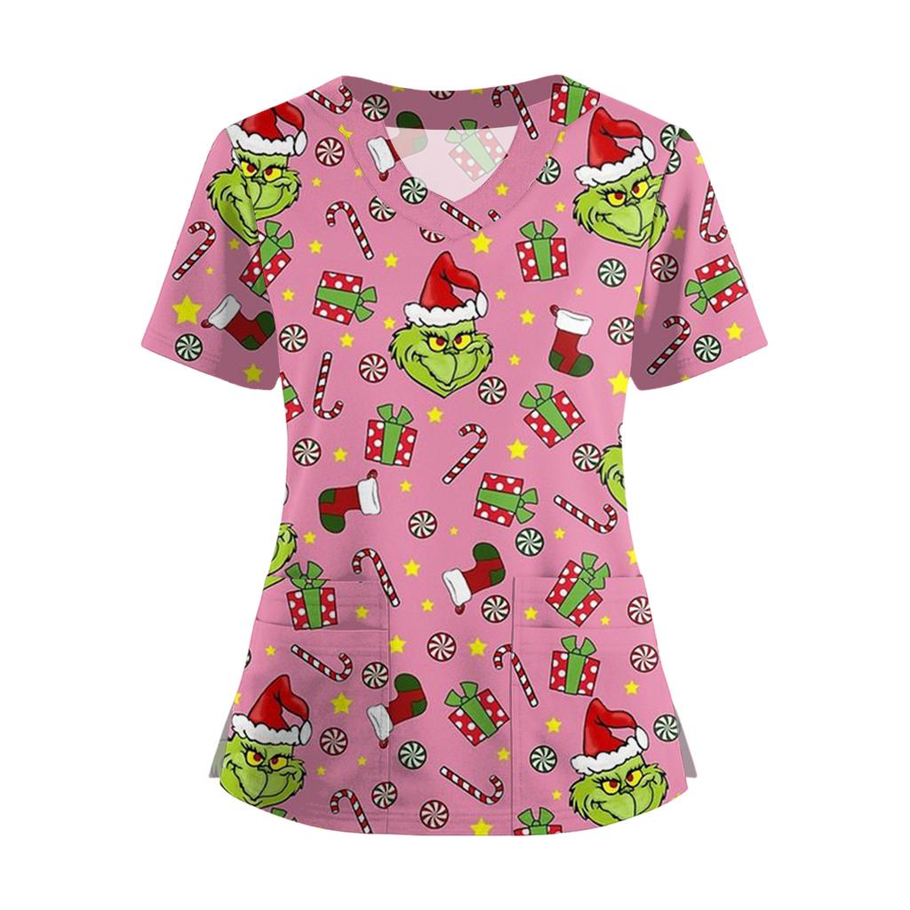 Damski T-shirt z krótkim rękawem z nadrukiem świątecznym, dekoltem w serek, zapinany na guziki z rozcięciem z boku