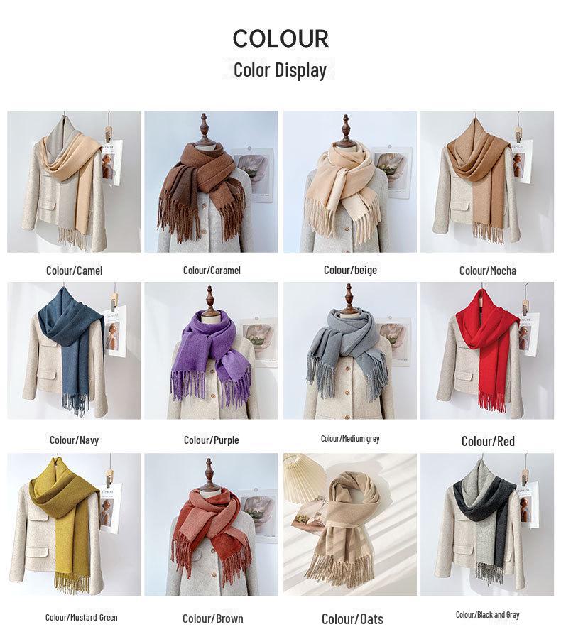 Double-Sided Solid Color Imitation Cashmere Scarf with Tassels – Cozy Korean Autumn/Winter Fashion for Students