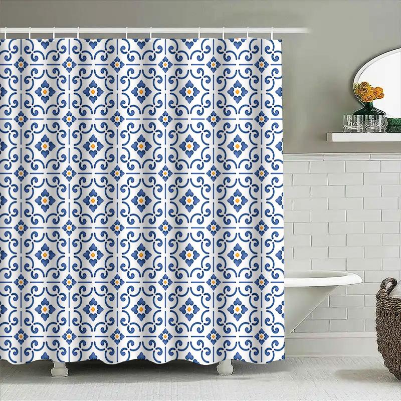 Blue White Ceramic Tile Pattern Waterproof Shower Curtain 3D Printing Bathroom Decor Waterproof Fabric Blue White Bath Mat Print