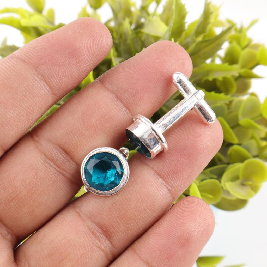 Natural Blue Apatite Gemstone 925 Solid Silver Handmade Jewelry Cufflinks 0.50" CL-4-2