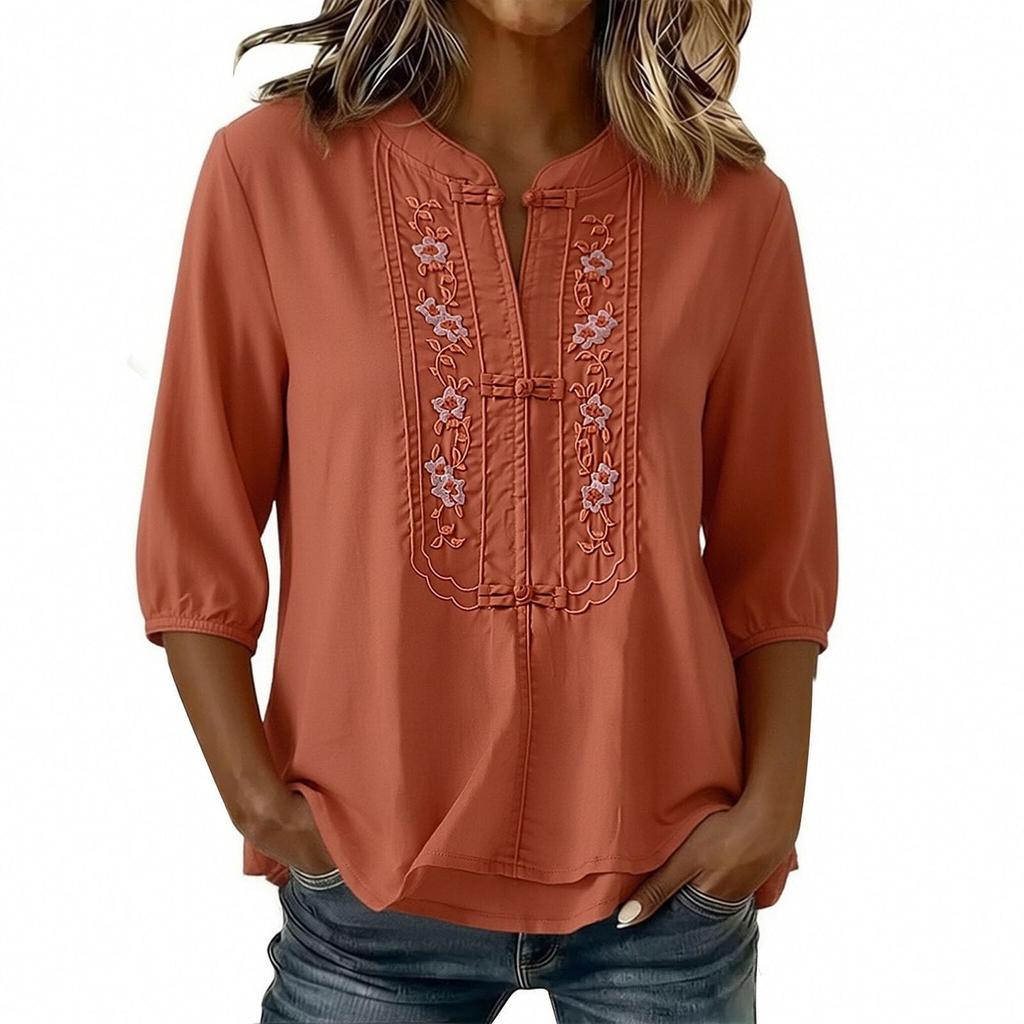Women's Summer Fashionable Round Neck Five Quarter Sleeve Cotton And Linen Shirt With Flower Embroidery Button Top