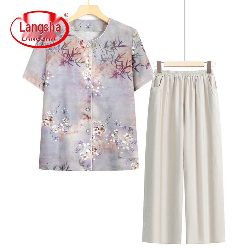 LangSha Elderly Women's Summer Floral Short Sleeve Set