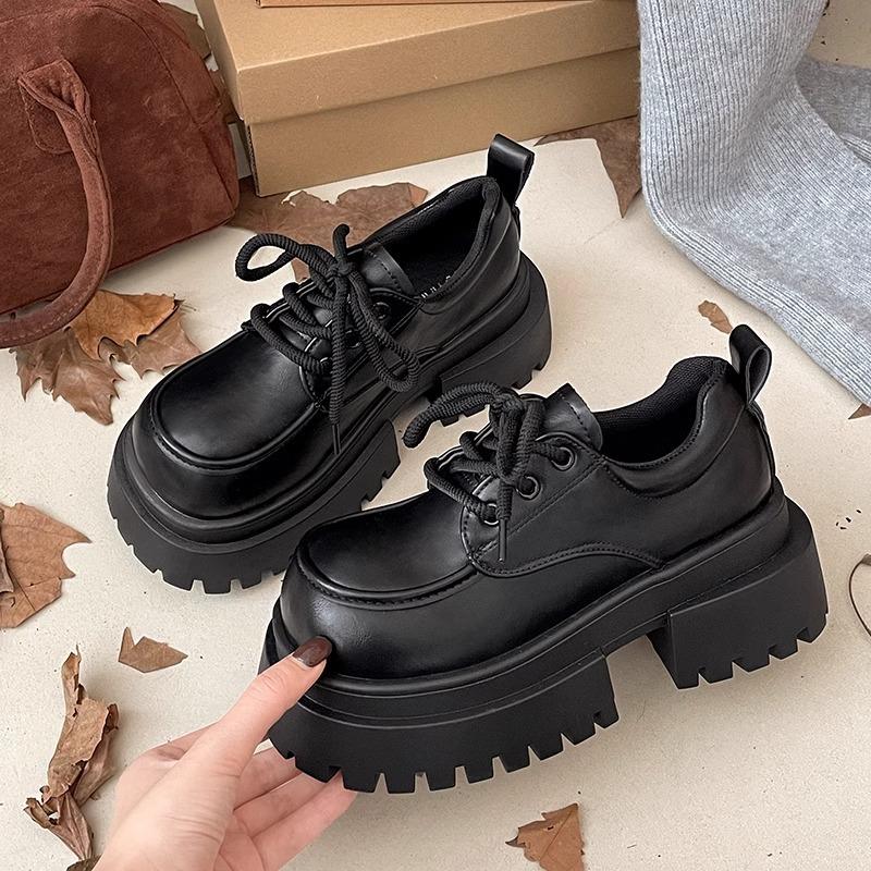Small Leather Shoes Women's Spring and Autumn New British Style Retro Explosion Black Versatile Muffin Heightening Jk Shoes Platform Loafers