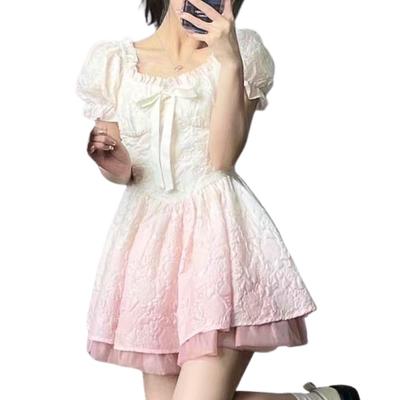 ALVEIN Lolita Mini-Kleid mit Puff-Verlauf Cosplay Dienstmädchen-Stil Größe Damen Schleife, Rüschen, Ärmel, Druck, (Rosa, XL)