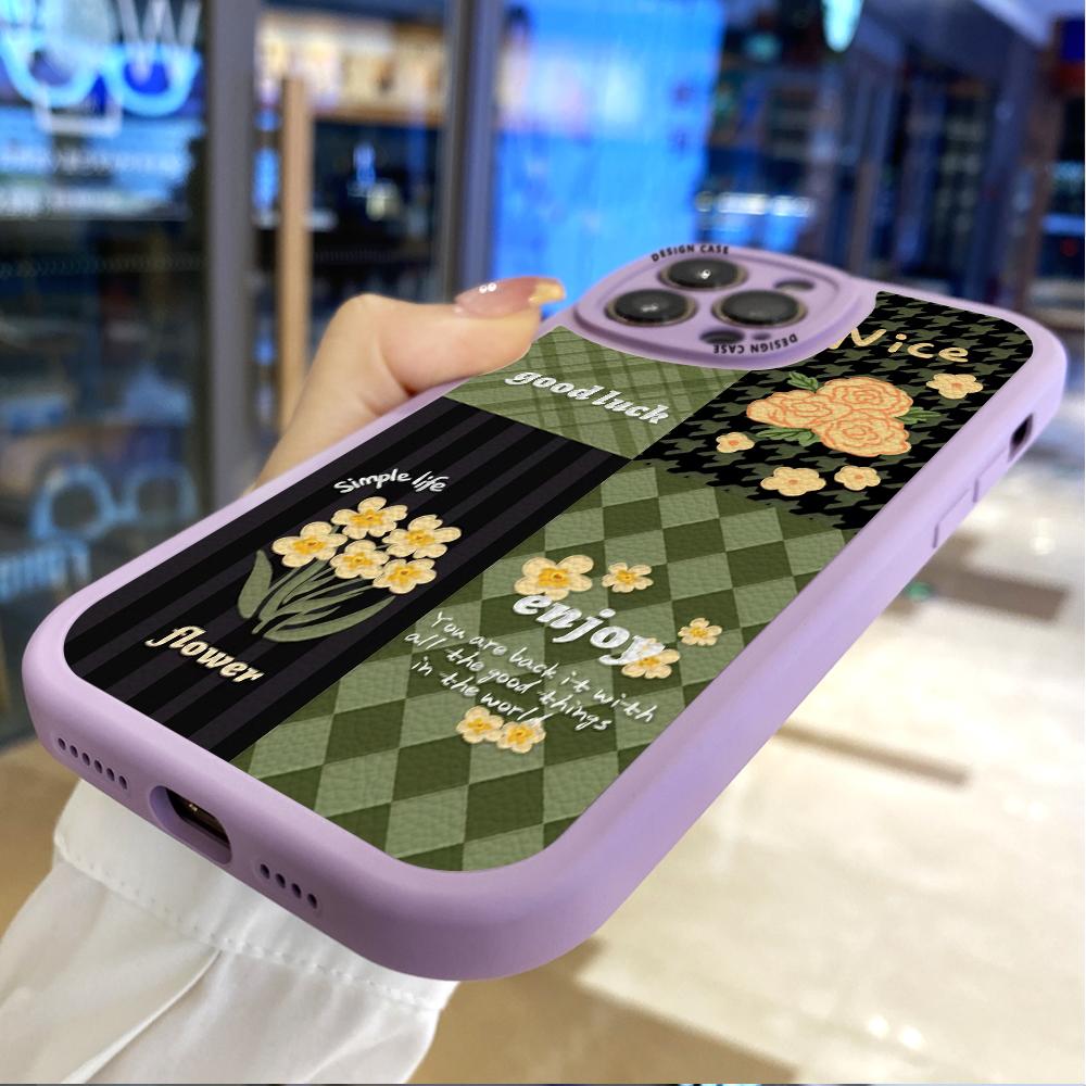 Stylish Flowers Lattice Pattern PU Leather Phone Case for iPhone 15 14 13 12 Pro Max Samsung Galaxy S23 Ultra S20 FE A52 Redmi Xiaomi POCO Soft Cover