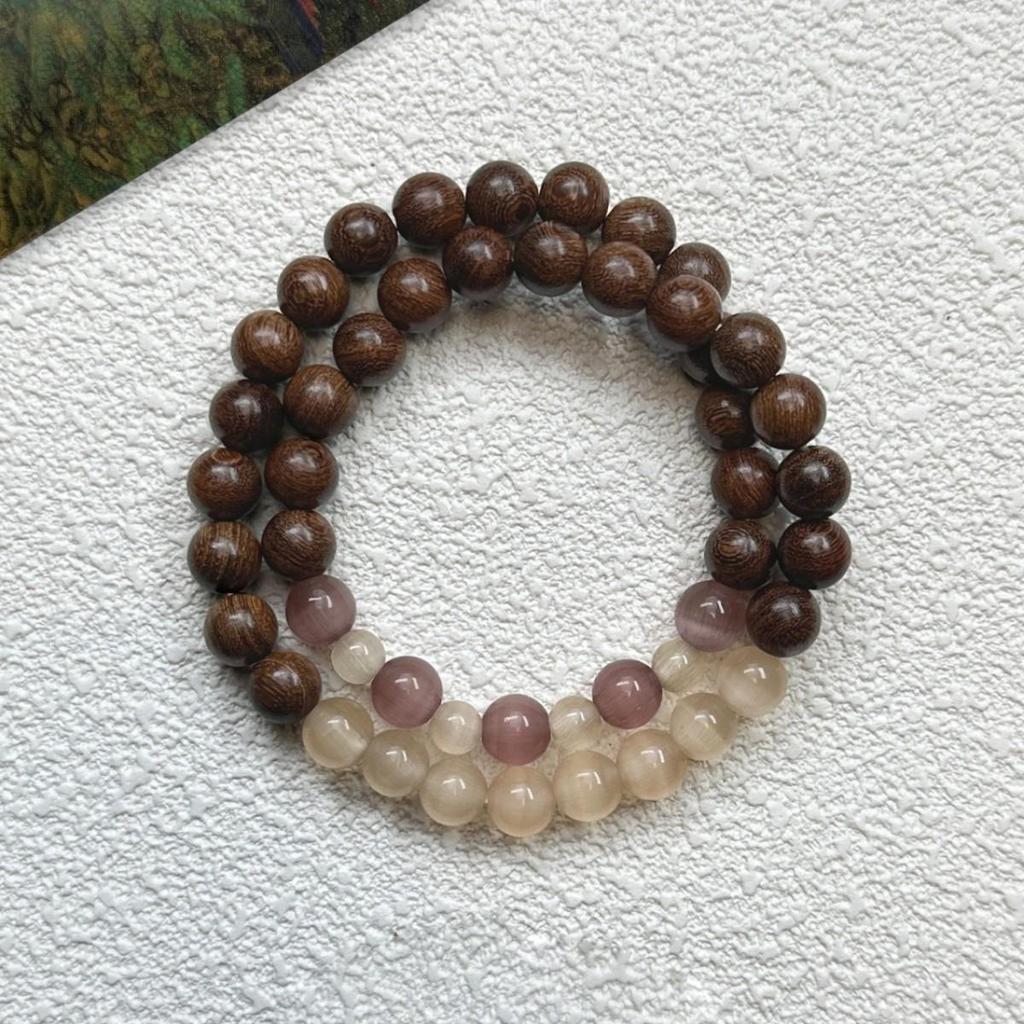 Chinese Style Golden Sandalwood Cat's Eye Double Strand Bracelet - Simple, Stackable Design for Women