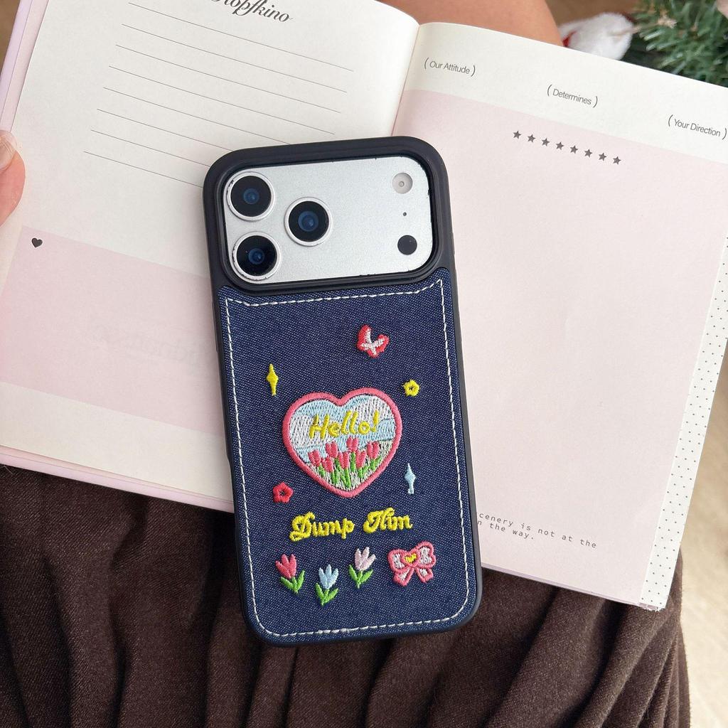 Korean Embroidery Heart & Flower Denim Case for iPhone 14-17 Pro Max