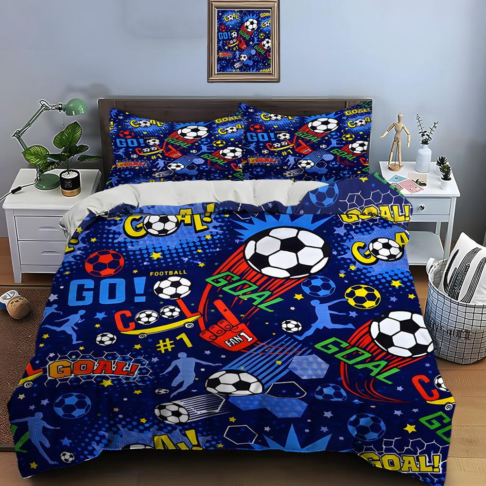 Cool Soccer-Themed Pattern Bedding Set For Kids Luxury Gift 3Pcs Digital Print Comforter Set Soft Comfortable Breathable