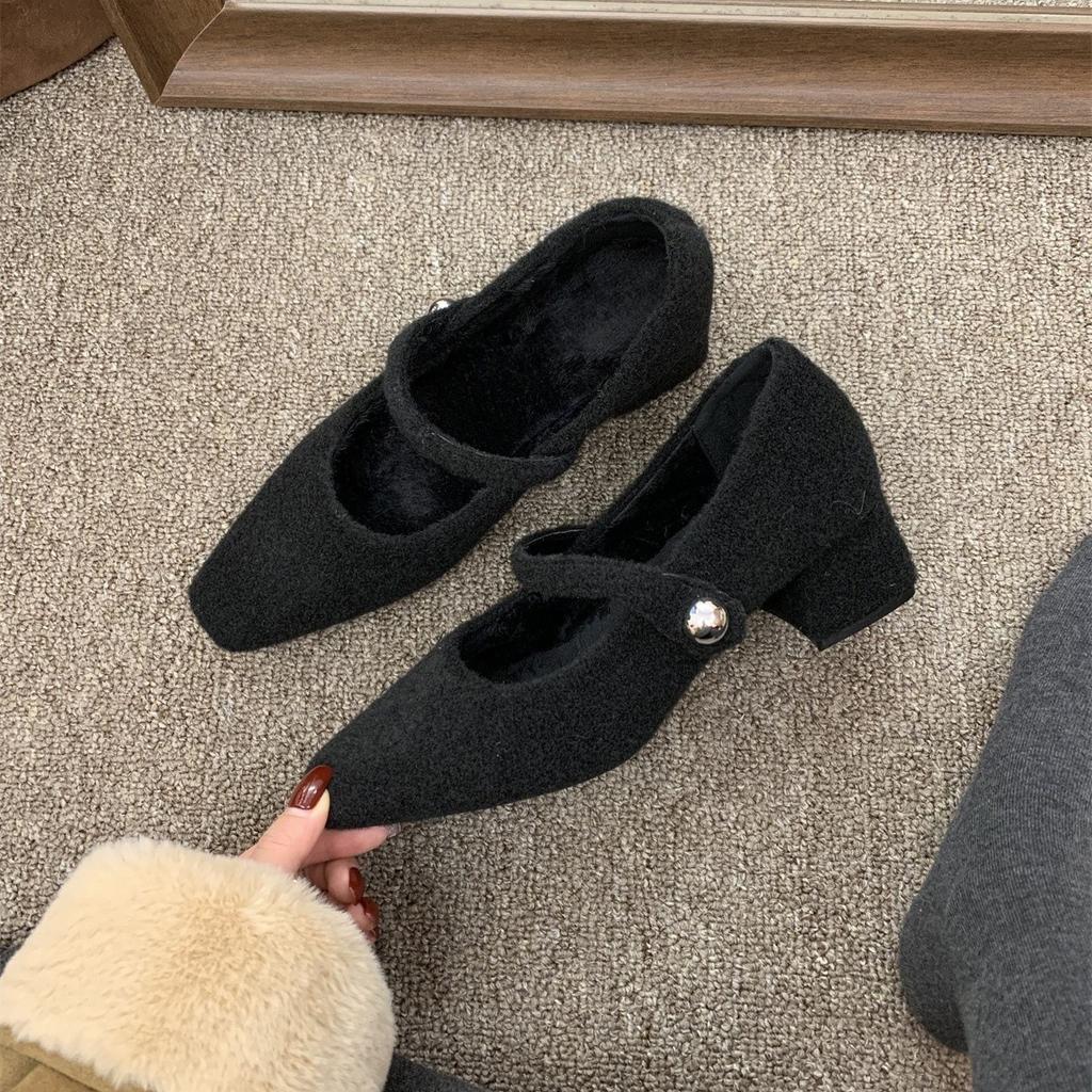 Square head gray thick heel single shoes women's winter velvet evening high heel Mary Jane fluffy shoes
