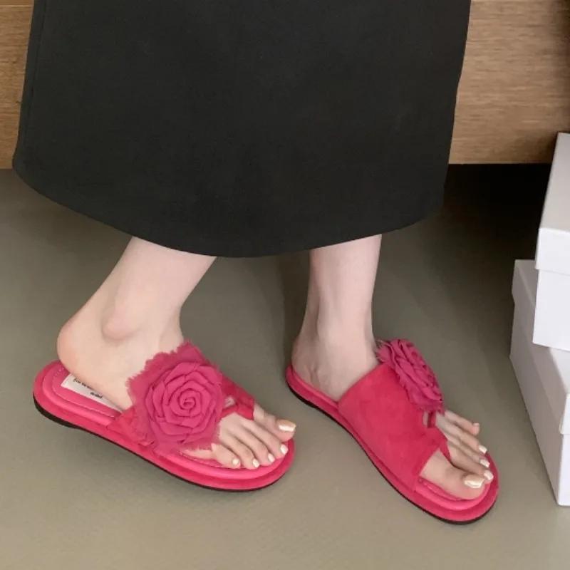 Women's Flat Slippers Elegant Solid Color Home Round Toe Clip-toe Flip-flops Summer Fairy Style Flower Designer Zapatillas Mujer