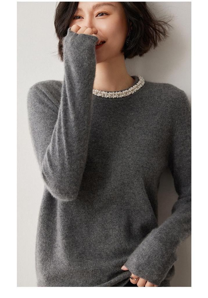 Women's Color Block Round Neck Cashmere Sweater – Loose Knit Pullover for Autumn and Winter, Versatile Fashionable Wool Top