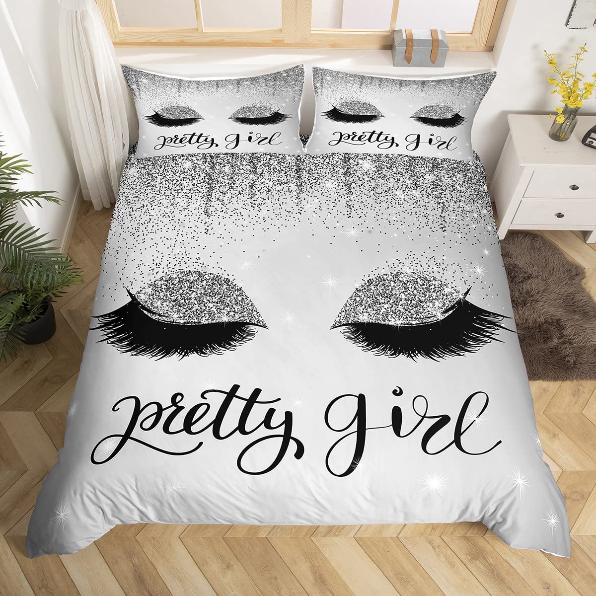 

Girls Crown Eyelash Duvet Cover Twin Queen Size Gorgeous Glitter Diamond Princess Style Bedding Set Romantic Bowknot Quilt Cover EU Single(135x200cm)