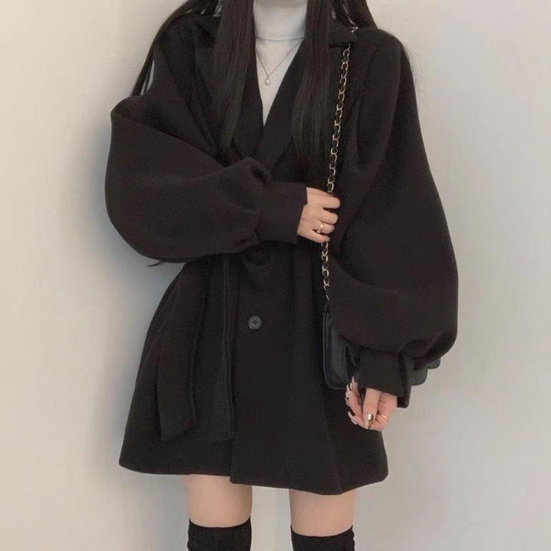 

2024 Корейский шикарный ретро шерстяной тренч Nizi - Женская коллекция осень/зима L чёрный