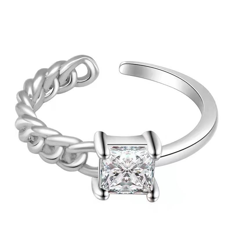 Korean Retro Zircon Square Diamond Knit Patchwork Ring for Women Adjustable