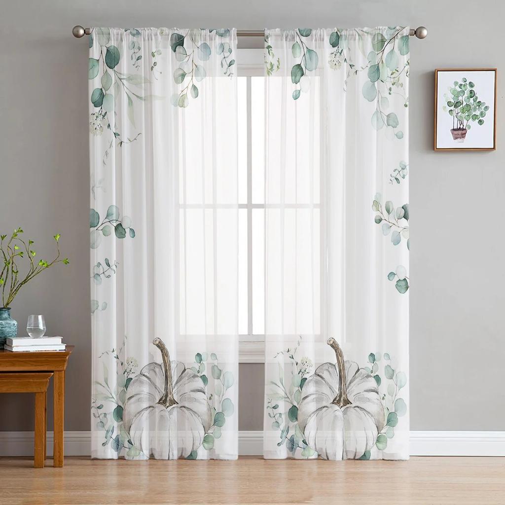 Herbst Eukalyptus Kürbis Gardinen für Wohnzimmer Schlafzimmer Tüll Vorhang für Küche Voile Vorhang Blind Panels