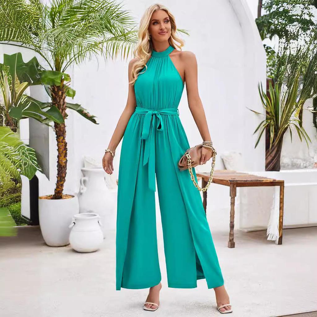 Damen Sommer Casual Einfarbig Ärmellos Neckholder Jumpsuit Lose Hohe Taille Gürtel Weite Beinhose Jumpsuits