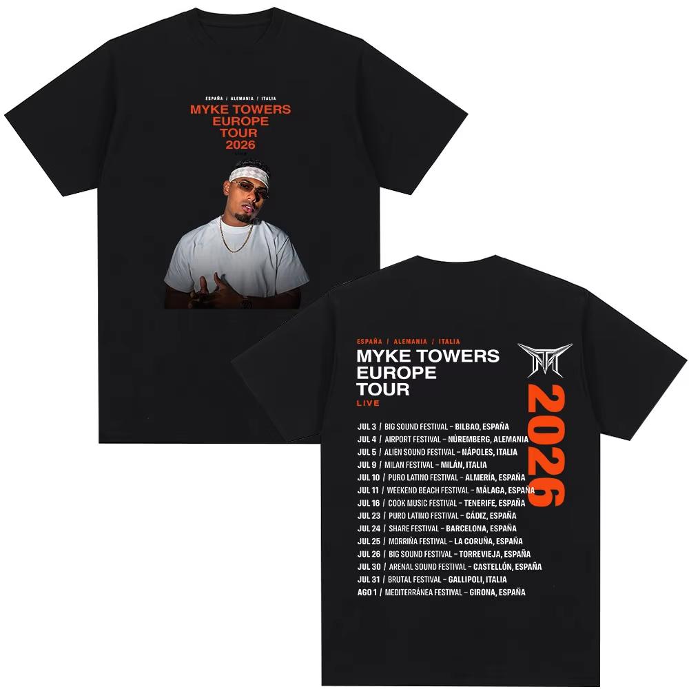 Rapper Myke Towers Europe Tour 2026 Tshirts Unisex Unisex Fashion Hip Hop Oversized T Shirt Cotton Short Sleeve Tshirt Streetwear