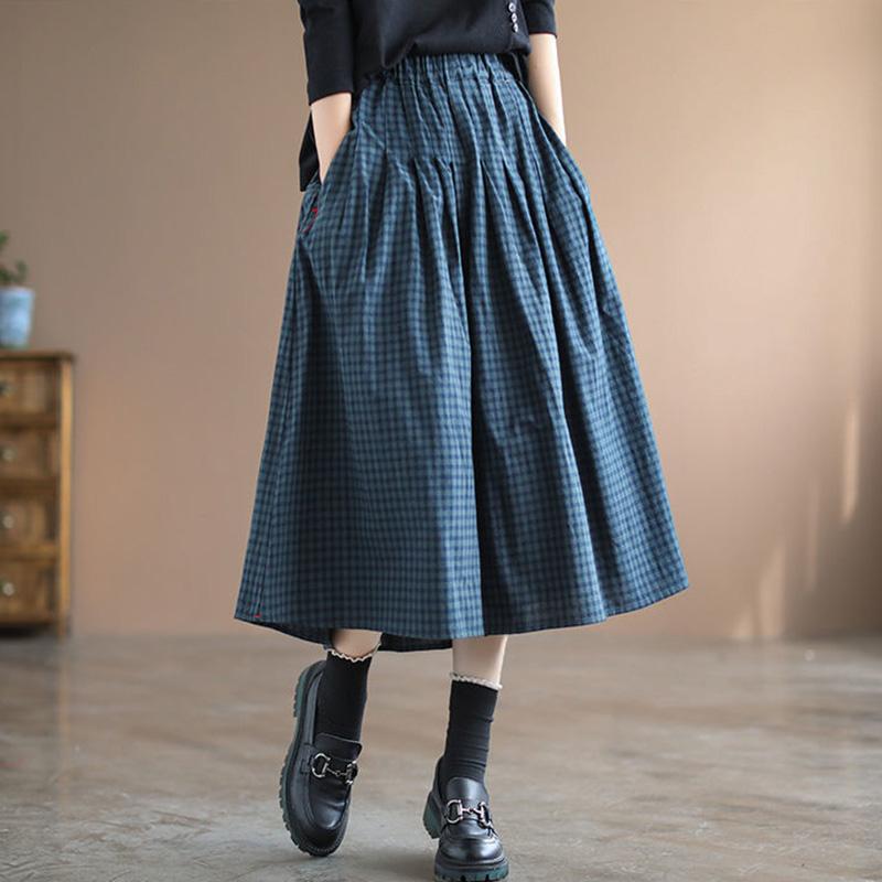 Half Skirt Women Summer Cotton Casual Versatile Elastic Skirt Loose Comfortable Plaid Skirt
