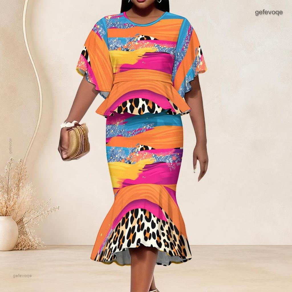 Women Plus Size Red Orange Black Printed Round Neck Batwing Sleeve Ruffle Hem Top Fishtail Skirt Two Piece Set