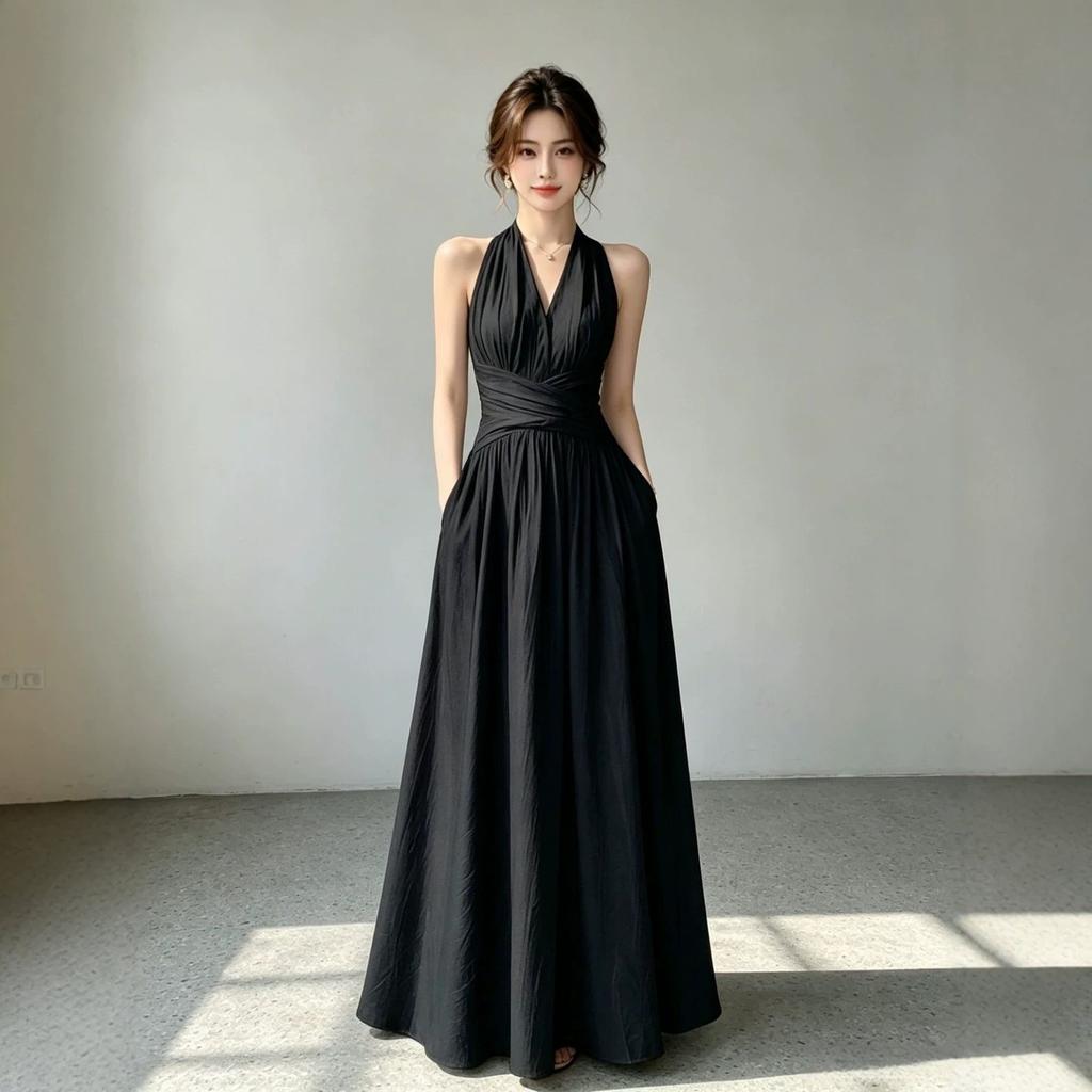 French sleeveless super large swing skirt women's summer new V-neck waist travel waist thin solid color dress