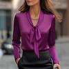 Yousheng Women Shirt V-Neck Lace-up Collar Long Sleeve Satin Texture Blouse Solid Color Regular Fit Office Lady Casual Tops