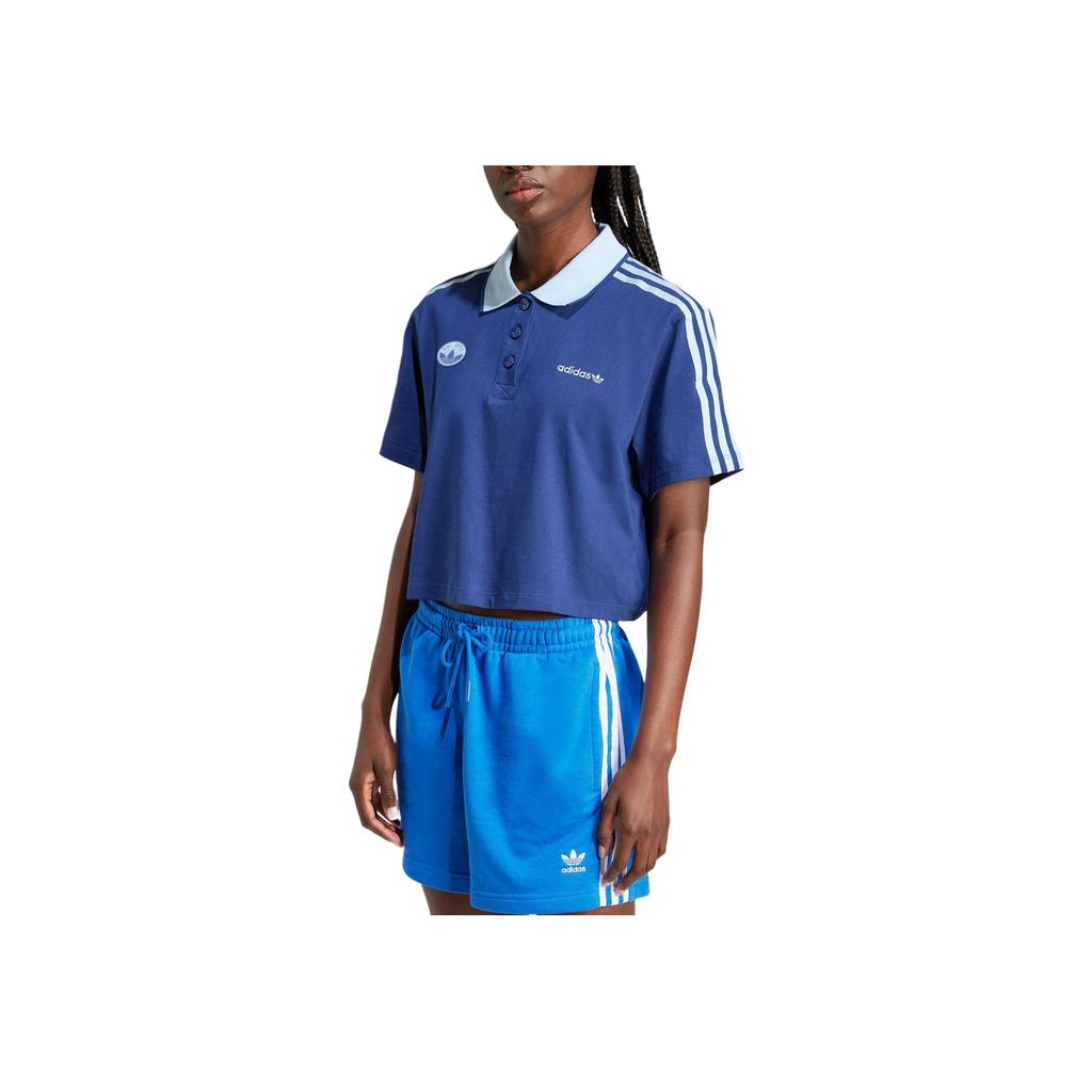 Adidas Loose Crop Striped Panel Short Sleeve Polo Women Tops Navy IX3543