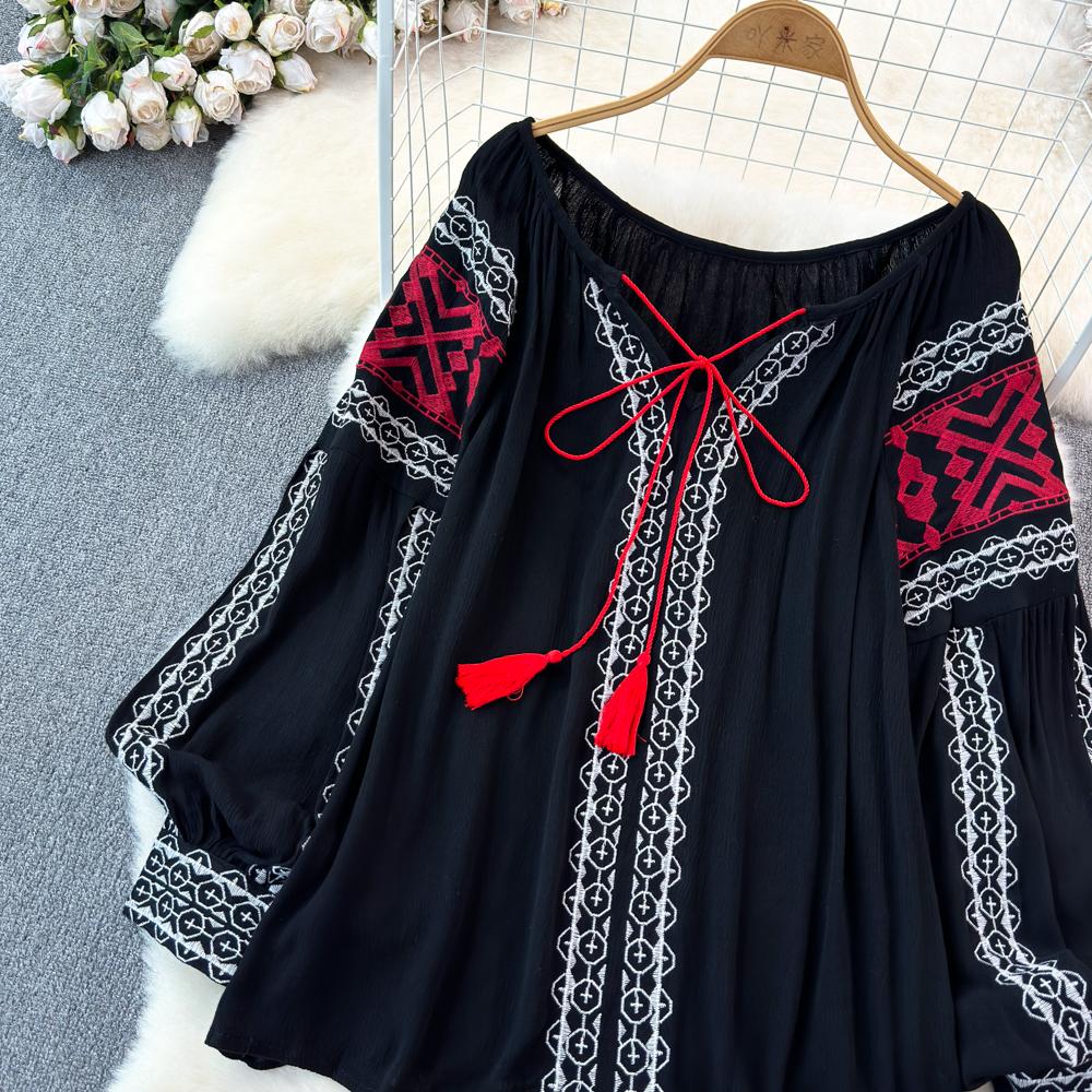 Retro Embroidered Shirt Top Female 2025 Spring Lace Up Tassel Loose Lantern Sleeves Ethnic Style Blouse Female