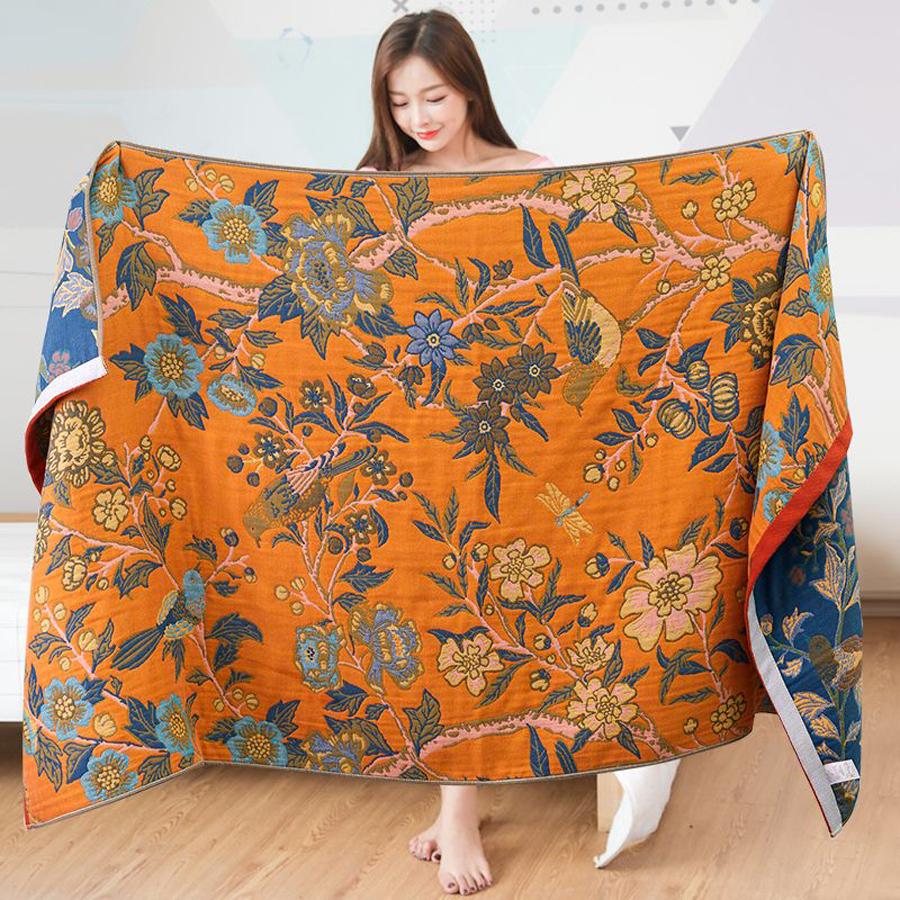 Multi-Layer Gauze Jacquard Floral Throw Blanket 80x160cm, Quick Dry Absorbent Large Cotton Bath Towel Soft Beach Towel for Couch Bed Napping Decor