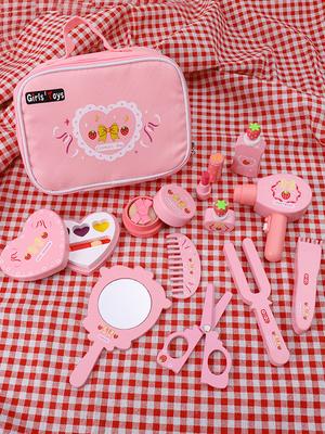 Kinder Rollenspiel Rosa Kosmetiktasche Holzspielhaus Spielzeug Simulation Mädchen Make-up-Set Schminktisch Kosmetikspielzeug Geschenk
