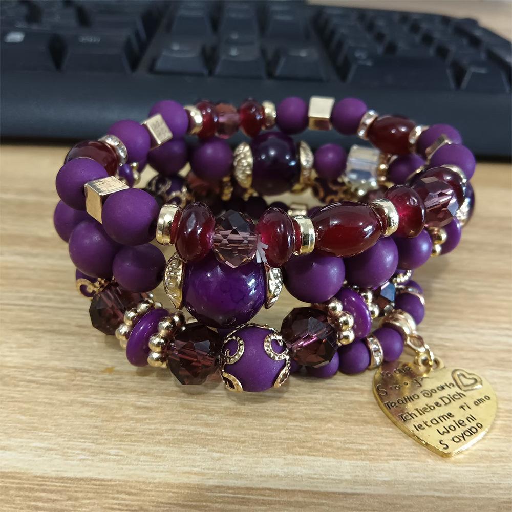 Bohemian-style Bracelet Set with A Fashionable Heart-shaped Pendant; Ethnic-style Multi-layered Crystal Elastic Bracelet