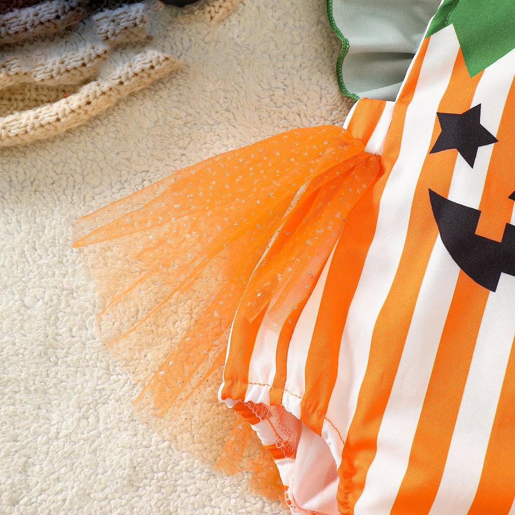 Halloween Pumpkin Costume Striped Mesh Romper with Suspenders for Infant