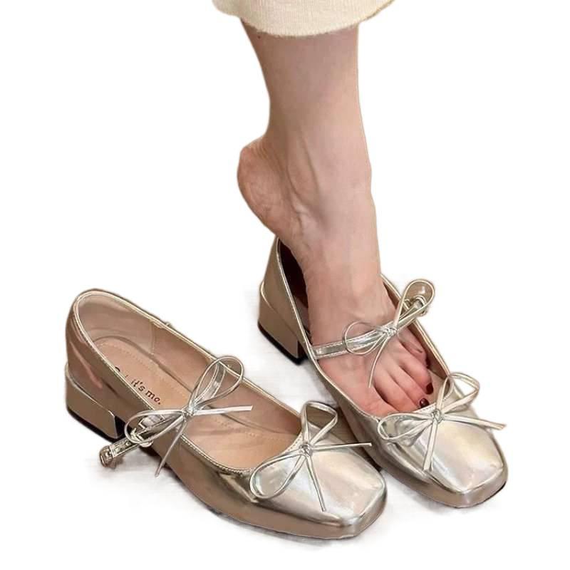 Silver light mouth ballet style thick heel single shoes women's 2025 new summer skirt French square head Mary Jane shoes
