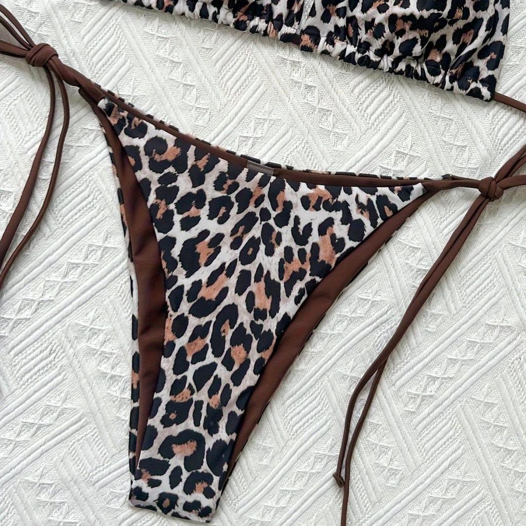 European & American Cross-Border Leopard Print Backless Bandage Bikini for Women
