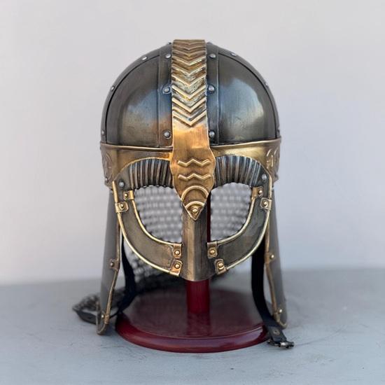 Gjermundbu Wikingerhelm Angelsachsen Mittelalterlicher Helm Mit Kettenhemd Holzständer