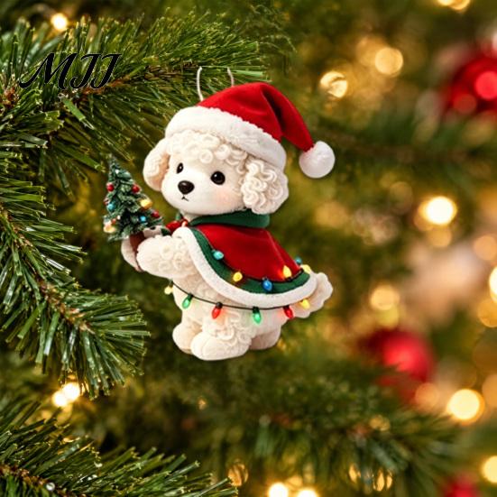 Holiday Animal Hanging Ornaments Christmas Dog Wooden Ornament, 2D Cartoon Puppy Kitten Decor with String, Tree Party Decoration Handmade Style