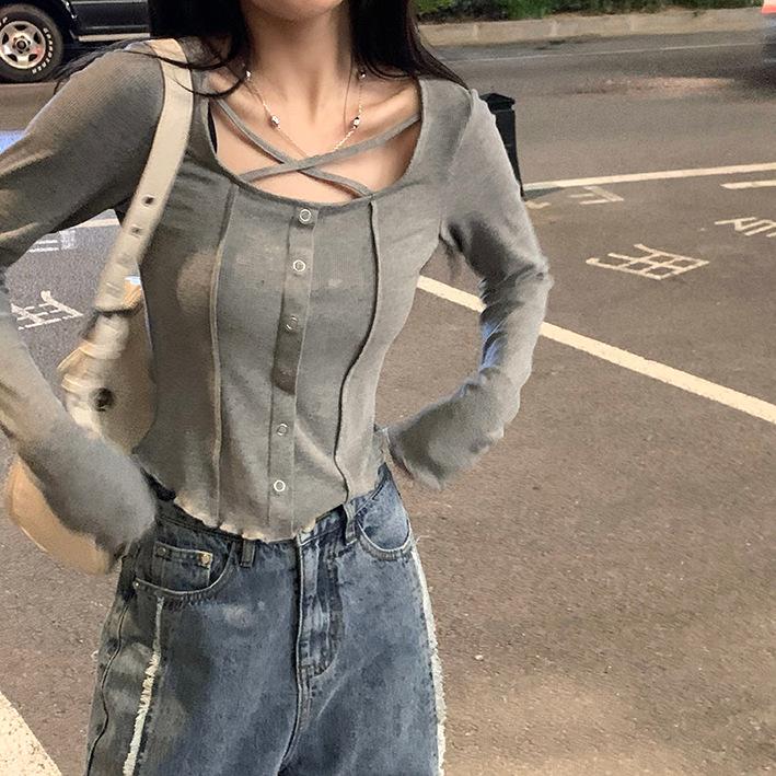 Harajuku Korean Slim Fit Long Sleeve Top Women's Solid Color T-shirt Streetwear Spring T-shirt