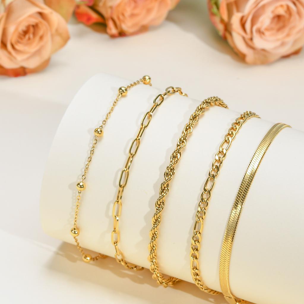 5PCS/Set Women Gold/Silver Color Bracelets,Stainless Steel Lady Geometric Fashion Charm Chain,Multi Layers Dainty Girl Jewelry
