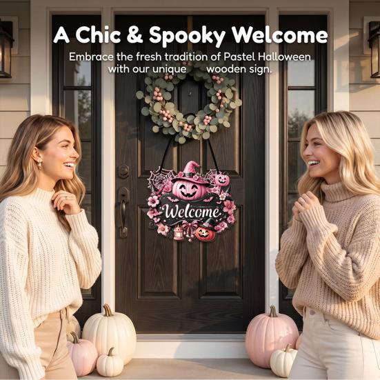 Durable Door Sign for Porch Halloween Pumpkin Ghost Wooden Welcome Hanger Sign, Cute Wall Ornament with Bell Front Hanging Rope, Decor Indoor Outdoor