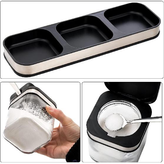 DEAYOU 3 Pack Glass Seasoning Box with Tray, Clear Condiment Canister with 18/10 Stainless Steel Lid and Spoon, Kitchen Spice Pot with Base, Salt