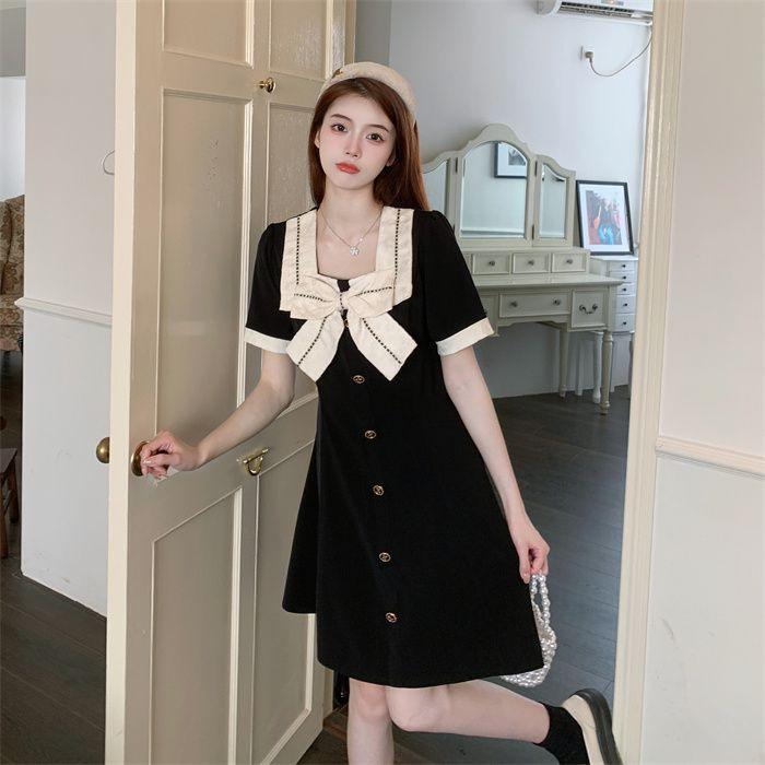 Retro Hepburn Style Square Neck Bow Dress Women's Summer New Temperament High-end Skirt
