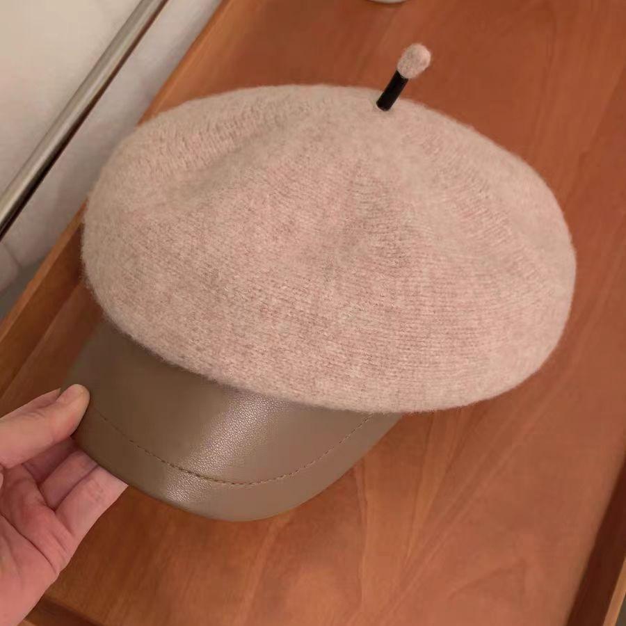 Simple PU Leather Brim Octagonal Hat Women's Autumn and Winter Woolen Peaked Cap Versatile Newsboy Hat