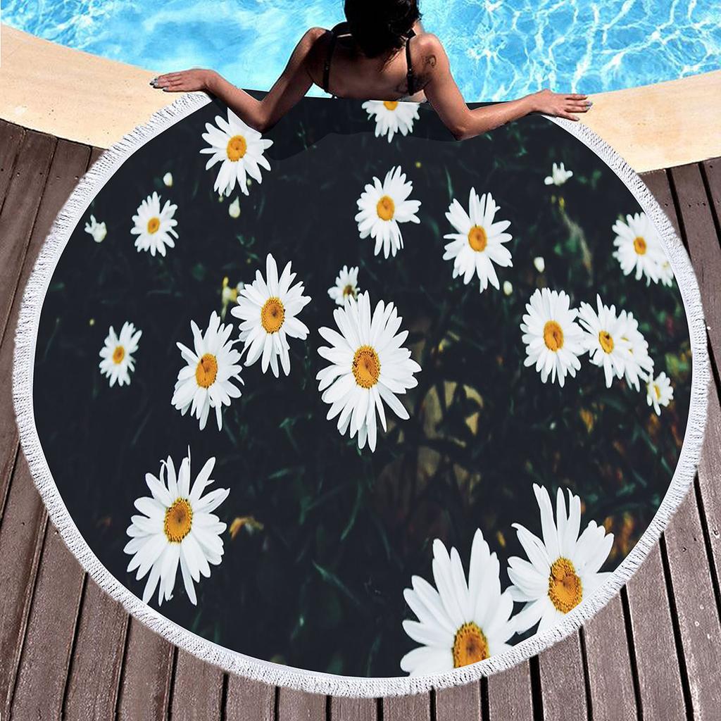 Floral Daisy Round Beach Towel,Microfiber Beach Blanket Sand Free Quick Dry Swim Pool Bath Circle Towel with Tassel for Teen Men