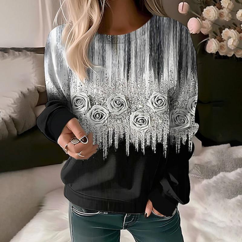 Damen Langarm Oberteil 3D Abstraktes Gesicht Gedrucktes Sweatshirt Rundhals Pullover Langarmshirt Herbst & Winter Übergröße
