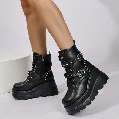 Mode Punk Metall Dekoration Enfärgade Svarta Pu Ankelboots Dam 2025 Höst Klumpiga Plattform Superhöga Klackar Stövlar Tjock Botten Skor