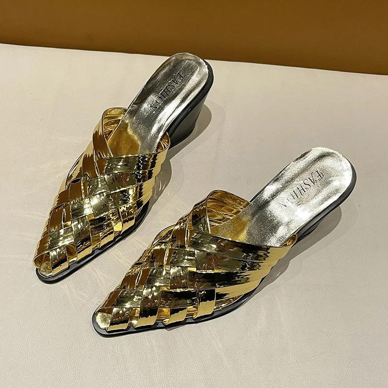 2025 New Woven Leather Sandals Women's Summer Hollow Out Mid Heel Mules Trendy Slip-On Shoes Rubber Upgraded Version
