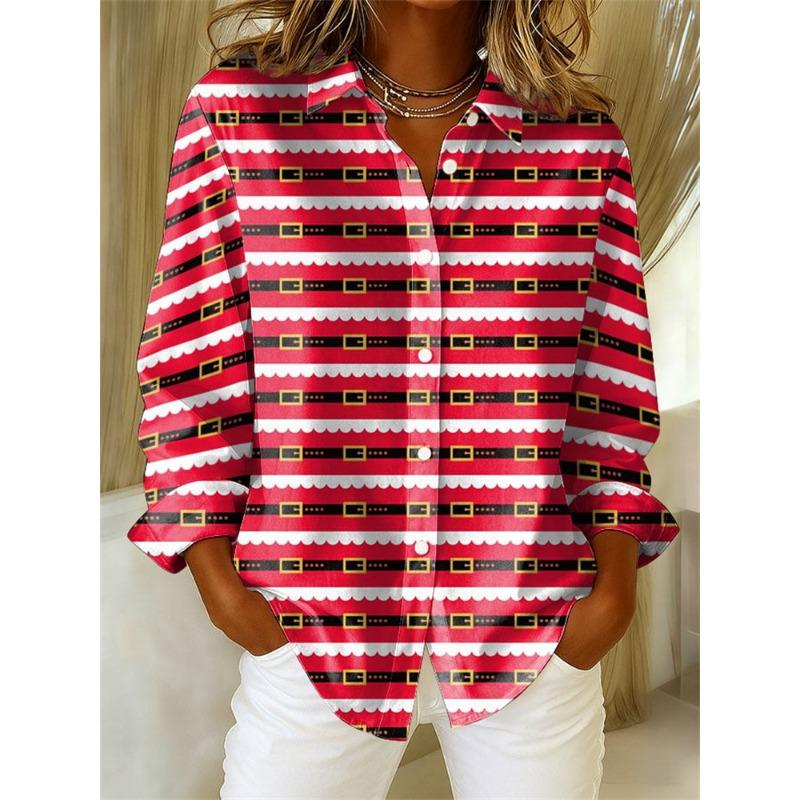 Christmas Style Women's Long-Sleeve Collared Breathable Shirt Relaxed Fit Plus Size Women's Christmas Party Top