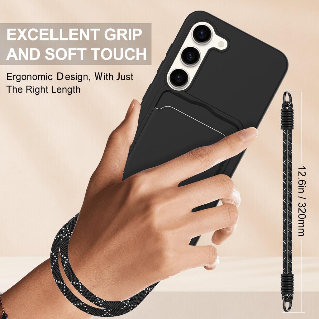 For Samsung Galaxy S23+ Liquid Silicone Case Phone Back Cover with Card Holder and Short Strap