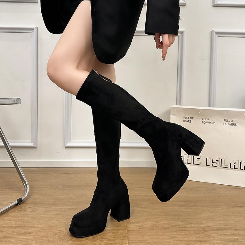 Winter Platform Thick Heels Woman Modern High Boots Sexy Round Toe Party Dress Shoes Female Vintage Stretch Slim Long Booties