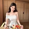 Korean gentle sweet Spice girl one-word collar off-the-shoulder T-shirt women's summer fashion design sense slim and thin temperament top