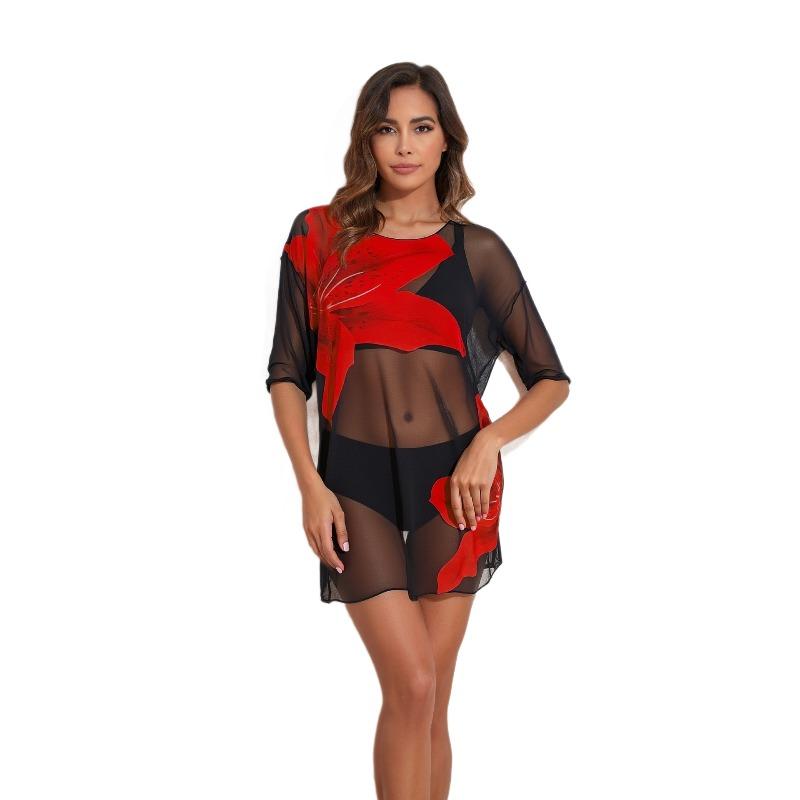 2026 Langqi New Three-piece Beach Sunscreen Suit Set Transparent Mesh Printing Split Swimsuit Women